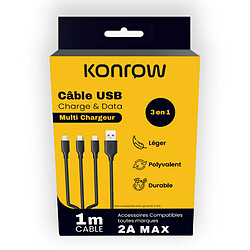 Konrow KC3IN1PB - Câble USB 3 en 1 - Type C, Micro USB & Lightning vers Type A - 1m - Blanc (Blister) 