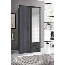 Pegane Armoire, meuble de rangement coloris Graphite, rechampis noir -  Longueur 91 x Hauteur 199 x Profondeur 58 cm 