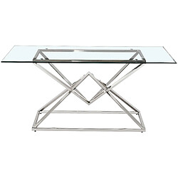 Vivenla Table de salle à manger design piètement en acier inoxydable poli argenté et plateau en verre trempé transparent L. 180 x P. 90 x H. 75 cm collection PARMA