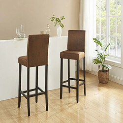 Vente-Unique Lot de 2 tabourets de bar SANTOS - Microfibre aspect cuir vieilli - Pieds bois foncé