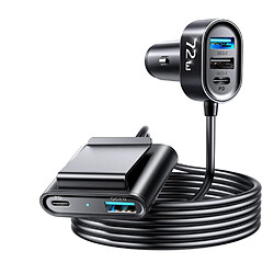 Chrono Adaptateur de chargeur de voiture 72W, chargeur de voiture USB rapide pour téléphone, chargeur de voiture à 5 ports multiples, chargeur de voiture rapide 12V 6A avec câble 5FT pour la charge sur le siège arrière (Noir)