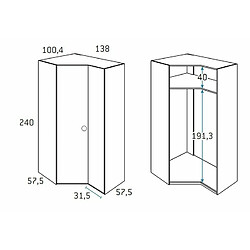 Inside 75 Armoire d'angle pan-coupé droite 2 portes 138 x 240 cm finition chêne blanchis 1 étagère