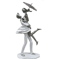 Statuette décorative design" Couple romantique parapluie " argent et blanc