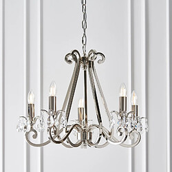 Interiors 1900 Chandelier Oksana, nickel poli, pendeloques cristal, 5 éclairages