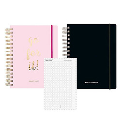 Rico 2 agendas Bullet journal rose et noir à spirales 96 feuilles + Pochoir lettres et chiffres