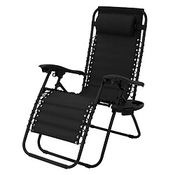 ML-Design Chaise longue bain de soleil noir acier/tissu avec appui-tête et porte-boisson 