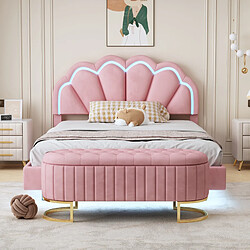 Acheter KOMHTOM Lit rembourré 140 x 200 cm, avec banquette escamotable, éclairage LED, lit plat double, rose, tissu velours