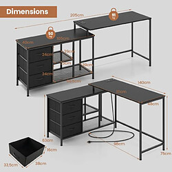 Acheter Helloshop26 Bureau d'angle convertible avec prise de courant bureau en forme de L avec 3 tiroirs en tissu et étagères en maille métallique noir 20_0007977