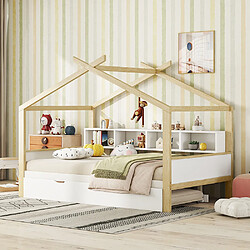 Sweiko Lit cabane enfant 140x200cm lit d'enfant équipé d'un lit gigogne quatre compartiments de rangement blanc pas cher