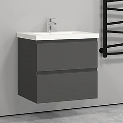 Aica Sanitaire 60cm(L)x38.5cm(P)x52cm(H)Meuble salle de bain anthracite deux tiroirs avec une vasque à suspendre.