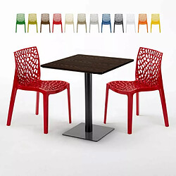 Grand Soleil Table carrée 70x70 plateau effet bois avec 2 chaises colorées Gruvyer Melon - Rouge 