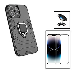 PHONECARE Kit Film Verre Trempé 5D Full Cover + Coque 3X1 Military Defender + Support Magnétique de Voiture pour Apple iPhone 15 - Noir