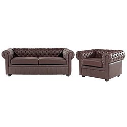 Beliani Ensemble canapé et fauteuil en cuir marron 4 places CHESTERFIELD