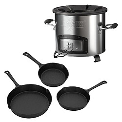 BBQ#BOSS Four-fusée BBQ avec set de 3 poêles en fonte réchaud de camping à bois à griller 