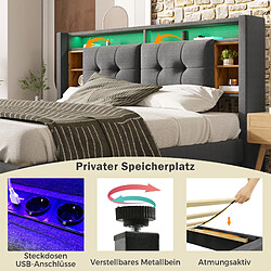 KOMHTOM Lit Double Capitonné - 160 X 200 cm - Chargement Usb Et Éclairage Led - Gris - Matelas Inclus pas cher