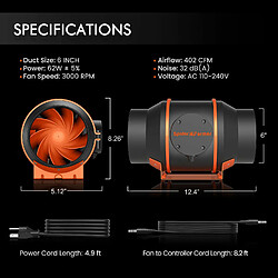 Spider Farmer Ventilateur en ligne 6 pouces 402 CFM avec contrôleur intelligent pas cher