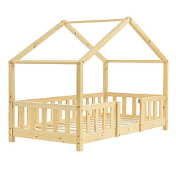 Decoshop26 Lit cabane pour enfant forme de maison avec barrière de sécurité en bois de pin couleur naturel 70 x 140 cm 03_0005462