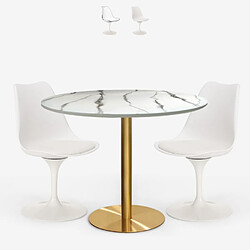 Ahd Amazing Home Design Table ronde 80cm Goblet en marbre + 2 chaises blanches transparentes Vixan