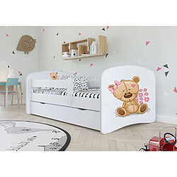 Lit Babydreams, nounours blanc fleurs avec un tiroir matelas 180/80 