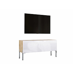 3XELIVING Meuble TV en couleur Chêne wotan / Blanc Brillant avec pieds droits en chrome, D: l : 100 cm, H : 52 cm, P : 32 cm