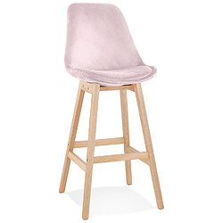 Alterego Tabouret de bar 'MORISS' en velours rose et pieds en bois naturel