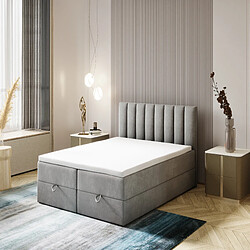 TRADA Lit adulte 140x200 cm CITY - avec matelas ressorts intégré, rangement et surmatelas - tissu velours – gris clair