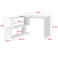 Helloshop26 Bureau gigogne design avec partie étagère bureau de coin extension panneau de particules mélaminé 77 x 120 x 50 cm blanc 03_0004707