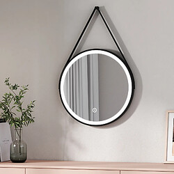 EMKE Miroir lumineux salle de bain rond diamètre 50cm cadre noir avec lanière réglable, Miroir LED avec Interrupteur Tactile, Miroir avec éclairage Lumière Froide