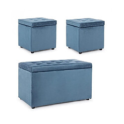 Webmarketpoint Lot de 3, banquette et deux poufs en velours bleu