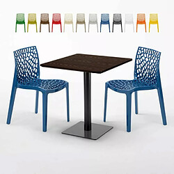 Grand Soleil Table carrée 70x70 plateau effet bois avec 2 chaises colorées Gruvyer Melon - Bleu 