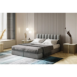 TRADA Lit adulte 160x200 cm CITY - avec matelas ressorts intégré, rangement et surmatelas - tissu velours – gris clair