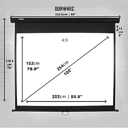 Duronic MPS100 4/3 Ecran de Projection à déroulement Manuel 100 Pouces 4:3/203 x 152 cm - Fixation Mur ou Plafond - 4K Full HD 3D