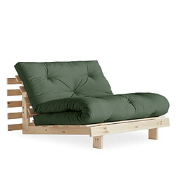 Inside 75 Fauteuil convertible futon ROOTS pin naturel coloris vert olive couchage 90 x 200 cm. 