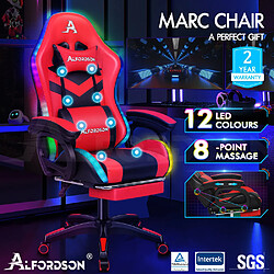 ALFORDSON Chaise Gaming Chaise de Bureau LED et Massant 8 Points Rouge et Noir