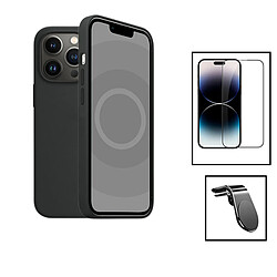 PHONECARE Kit Film Verre Trempé 5D Full Cover + Coque Silicone Liquide + Support L Voiture pour Apple iPhone 15 Pro Max - Noir 