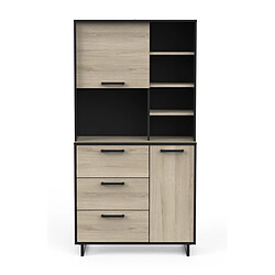 Pegane Buffet de cuisine 2 portes + 3 tiroirs coloris chêne kronberg, noir mat - Longueur 92 x Hauteur 179,50 x Profondeur 39,70 cm 