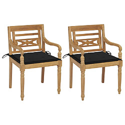 vidaXL Chaises Batavia lot de 2 et coussins noirs Bois de teck massif 