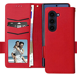 Avizar Étui pour Galaxy Z Fold 6 Portefeuille Languette Magnétique Dragonne Rouge 