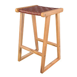 Rendez Vous Deco Tabouret de bar mi-hauteur Yuma en teck et cuir tressé marron