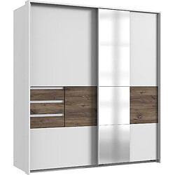 Pegane Armoire, meuble de rangement coloris Blanc, rechampis imitation chêne - Longueur 180 x Hauteur 198 x Profondeur 65 cm 