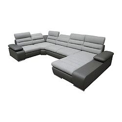 Vente-Unique Canapé d'angle panoramique convertible en tissu et simili BOILEAU - Bicolore gris/anthracite - Angle droit 