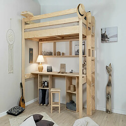 DECOPIN lit mezzanine 1 place avec espace grand bureau carlit - bois naturel