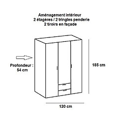 Inside 75 Armoire penderie 3 portes 2 tiroirs MALTA chêne façade laquée blanc cassé L : 120 cm