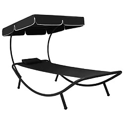 Helloshop26 Lit de repos transat chaise longue d'extérieur 200 cm avec auvent et oreiller noir 02_0012008