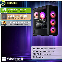 Sedatech Pack PC Gamer • AMD Ryzen 9 7900X • RTX4060Ti • 32Go DDR5 • 2To SSD M.2 • Windows 11 • Moniteur 24"