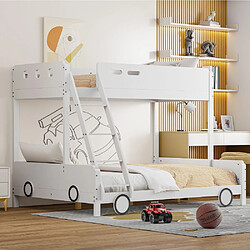 KOMHTOM Lit d'enfant, lit supérieur 90 * 200cm, lit inférieur 140 * 200cm, lit superposé, cadre en bois massif, forme de voiture, blanc.