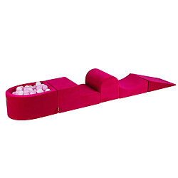 MeowBaby Aire de Jeux en Mousse avec Piscine a Balles, 4 éléments, 100 Balles, Velours, Magenta : Blanc/Rose Pastel