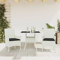 vidaXL Ensemble à manger de jardin et coussins 3 pcs blanc rotin verre