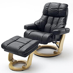 Inside 75 Fauteuil relax CLAIRAC XL assise en cuir noir pied en bois naturel avec repose pied 