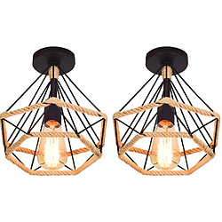 Stoex Lot de 2 Lampe de Plafond rétro Vintage Plafonnier Industrielle Cage en forme Di Lot de 2 Lampe de Plafond rétro Vintage Plafonnier Industrielle Cage en forme Diamant en Métal avec corde de chanvre Fer Lustre Suspension Luminaire pour Salon Salle Chambre Décorer Maison